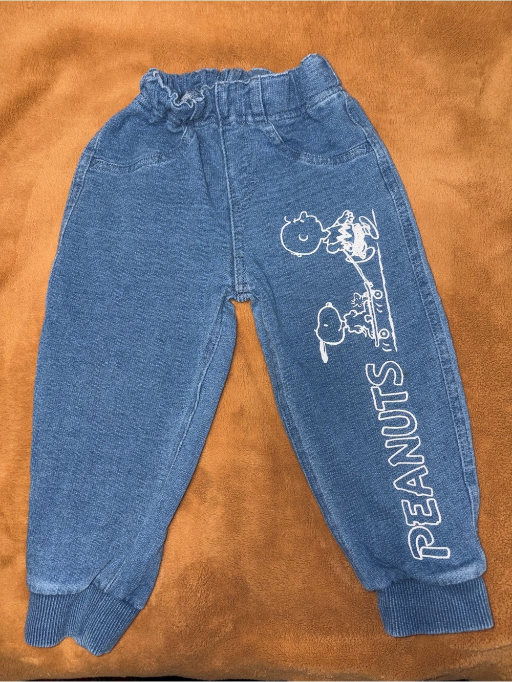 Vintage 90s Style Peanuts Kids Denim-Style Blue Joggers with Graphic